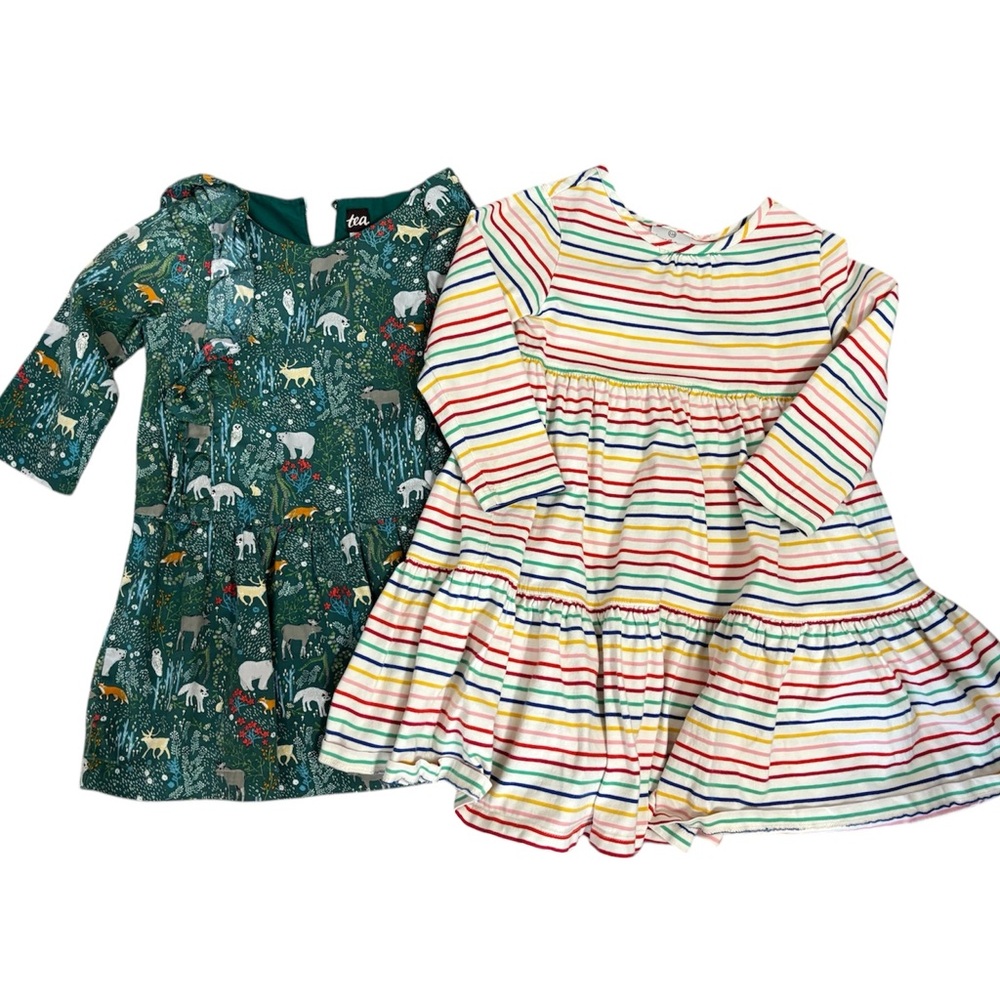 Tea Collection Forest Animal Ruffle Shoulder Dress& Hanna Andersson Stripe Dress